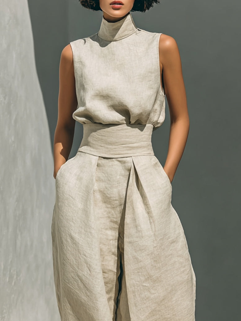 Aurora | Conjunto de dos piezas beige de lino con top sin mangas y pantalón ancho
