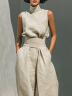 Aurora | Conjunto de dos piezas beige de lino con top sin mangas y pantalón ancho