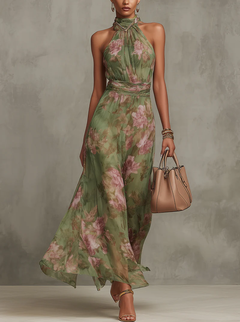Serena | Vestido maxi de mousseline floral con sisa americana