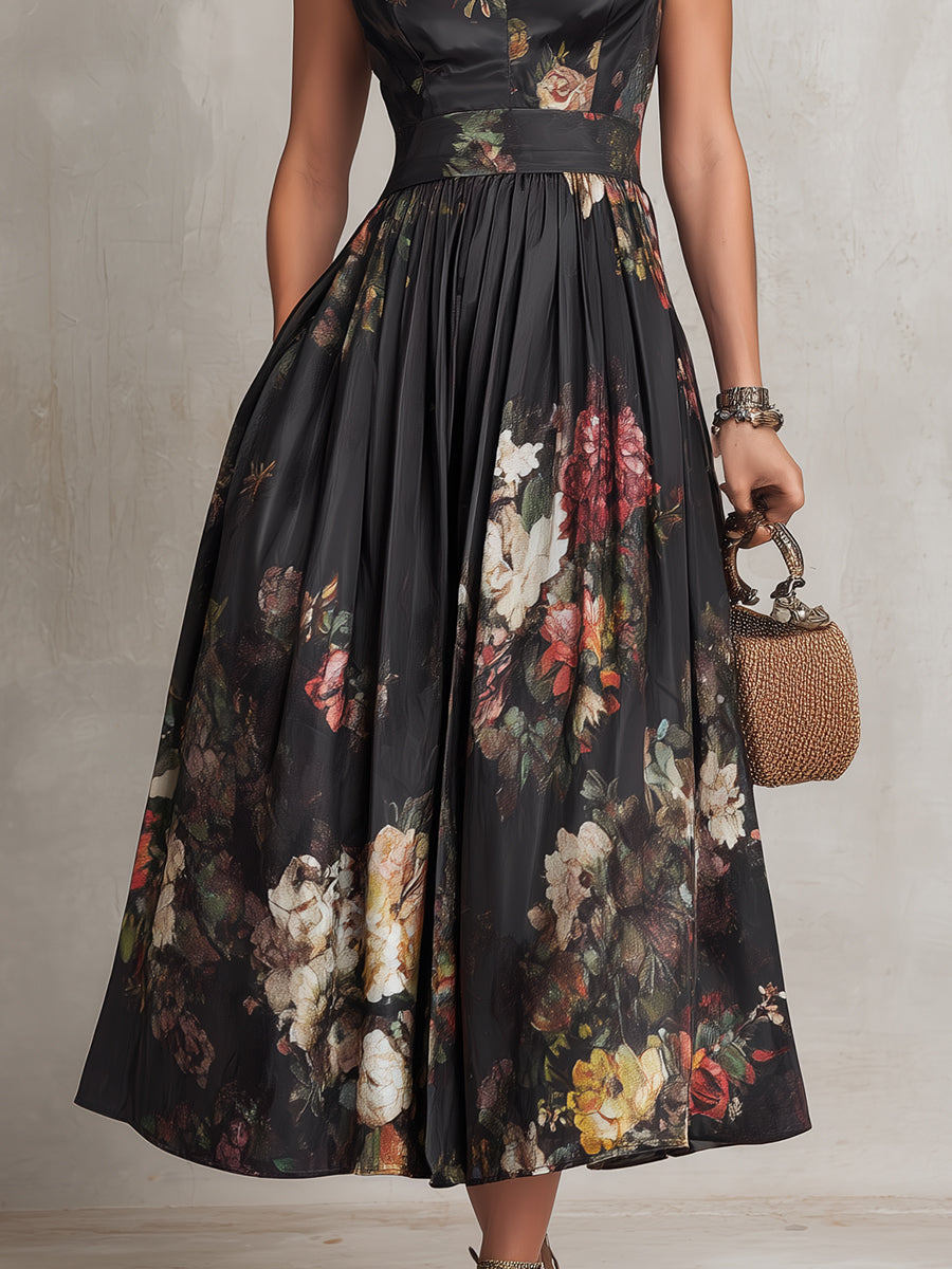 Violette | Vestido midi de satén plisado negro con estampado floral y escote en lágrima