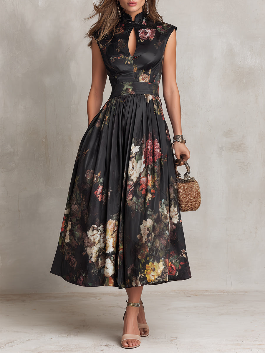 Violette | Vestido midi de satén plisado negro con estampado floral y escote en lágrima