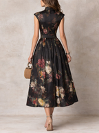 Violette | Vestido midi de satén plisado negro con estampado floral y escote en lágrima