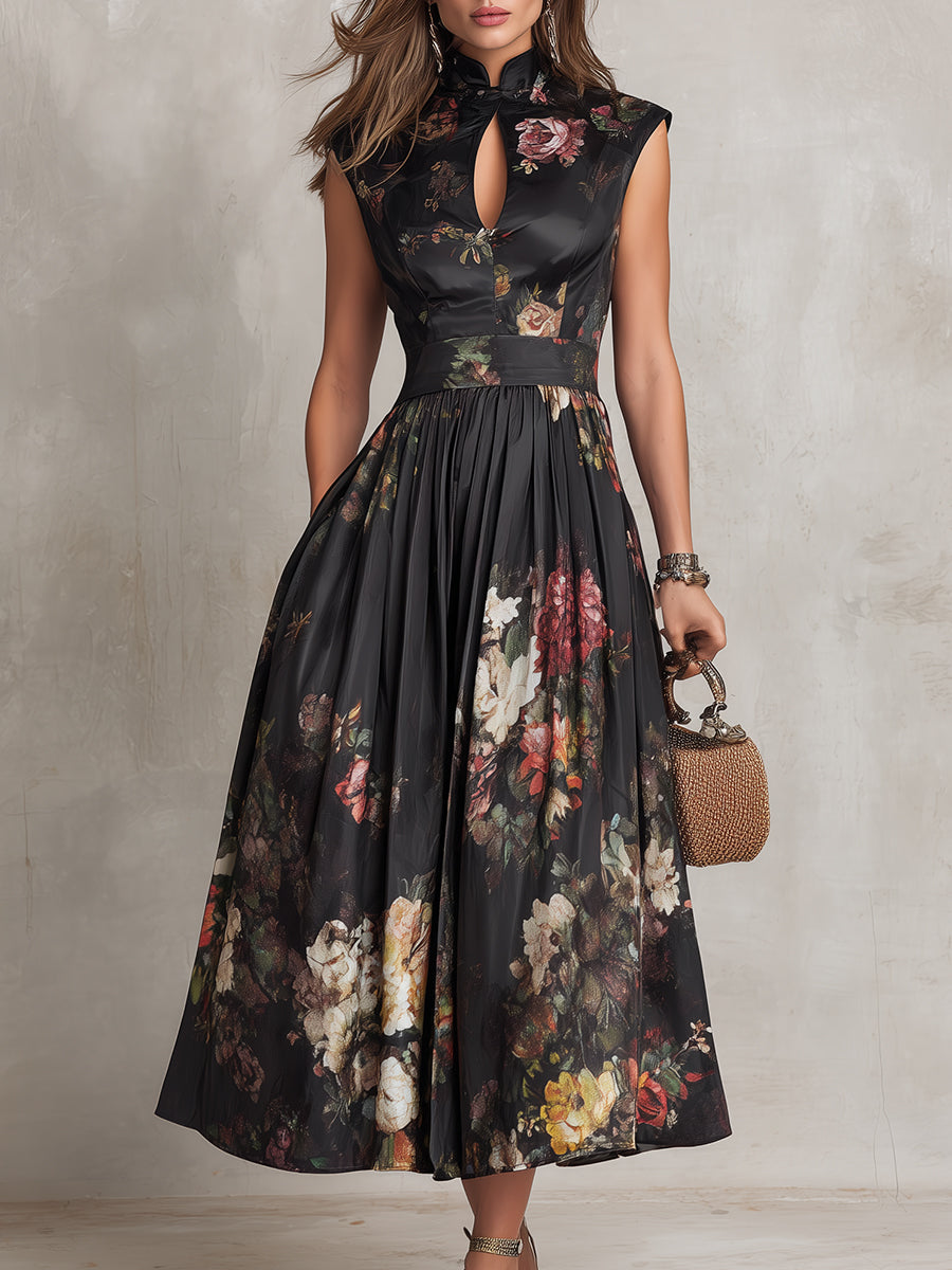 Violette | Vestido midi de satén plisado negro con estampado floral y escote en lágrima