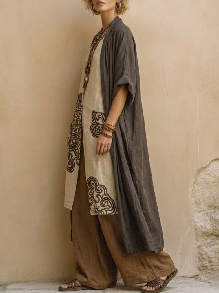 Juliette | Conjunto de tres piezas de estilo nómada bohemio gris oscuro y marrón con motivo tribal