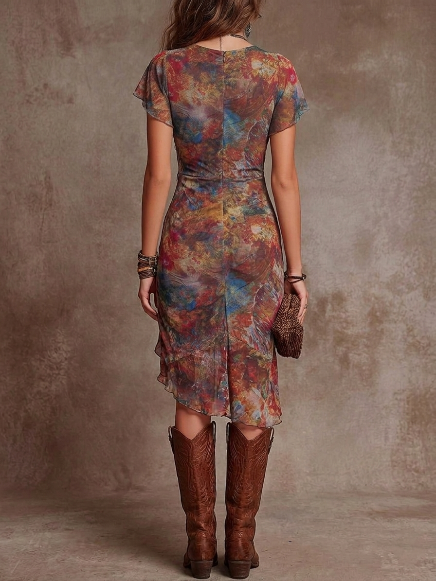 Martina | Vestido midi plisado con cuello en V y estampado de arte abstracto de estilo bohemio