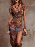 Martina | Vestido midi plisado con cuello en V y estampado de arte abstracto de estilo bohemio