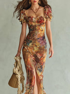Violette | Vestido maxi de muselina naranja con estampado de pintura al óleo, estilo bohemio