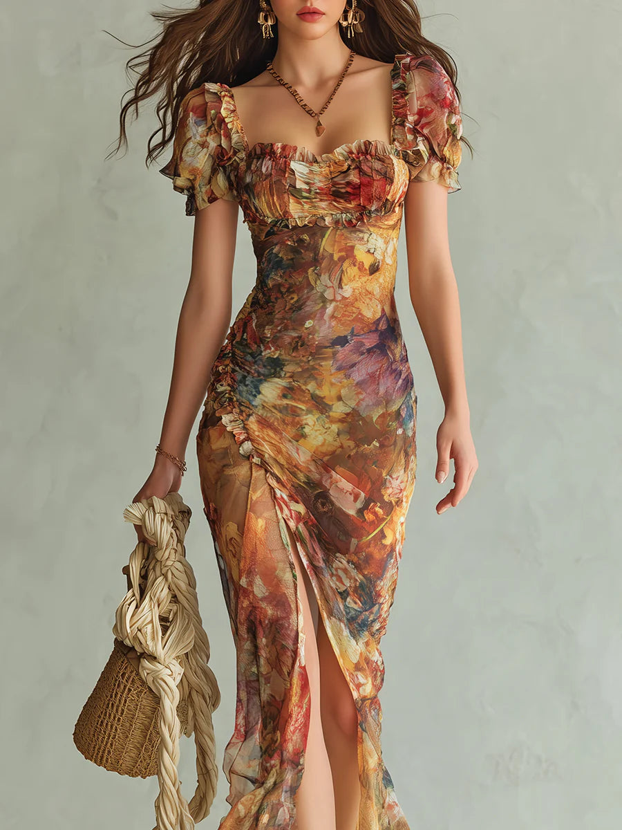 Violette | Vestido maxi de muselina naranja con estampado de pintura al óleo, estilo bohemio