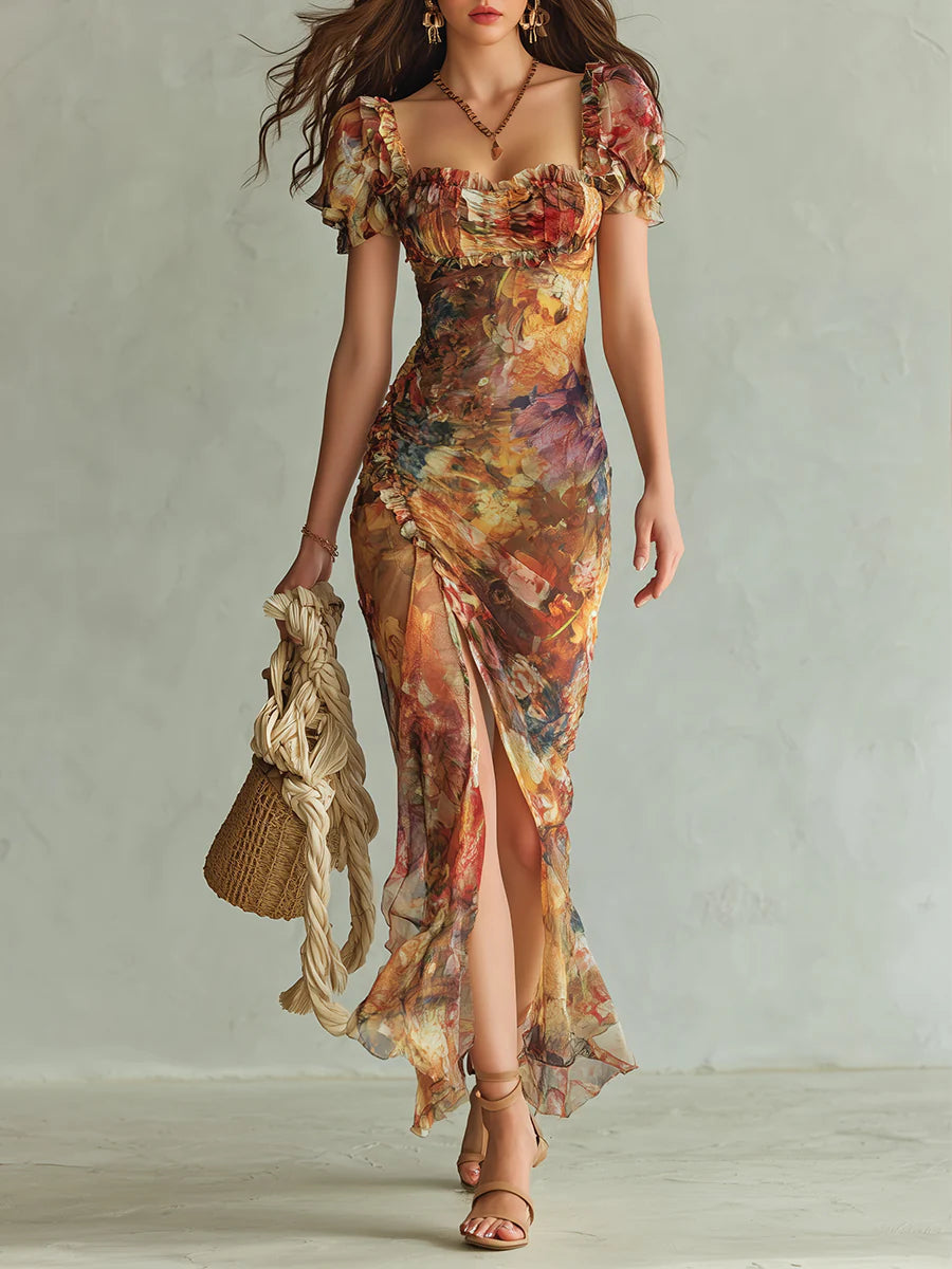 Violette | Vestido maxi de muselina naranja con estampado de pintura al óleo, estilo bohemio