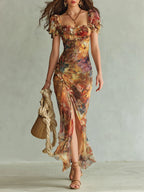 Violette | Vestido maxi de muselina naranja con estampado de pintura al óleo, estilo bohemio