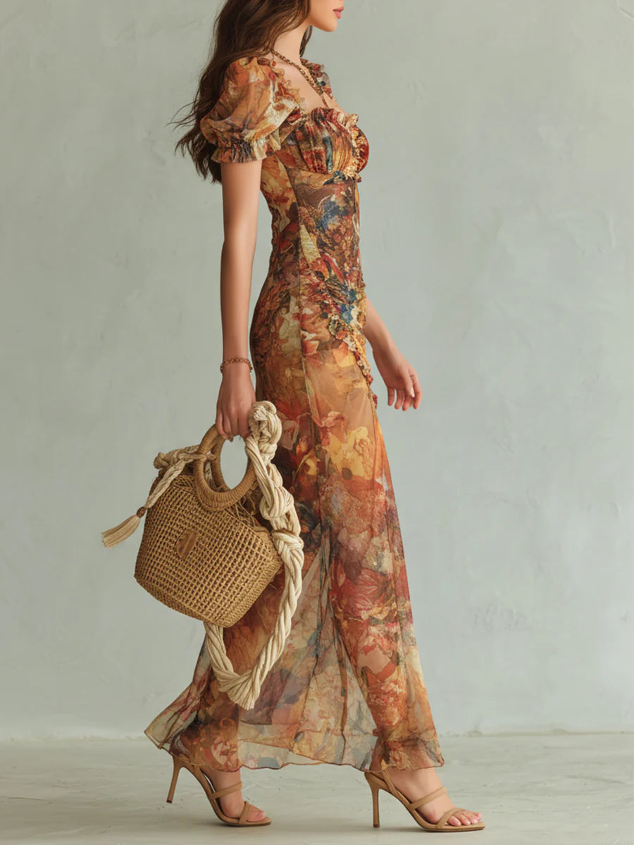 Violette | Vestido maxi de muselina naranja con estampado de pintura al óleo, estilo bohemio