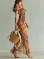 Violette | Vestido maxi de muselina naranja con estampado de pintura al óleo, estilo bohemio