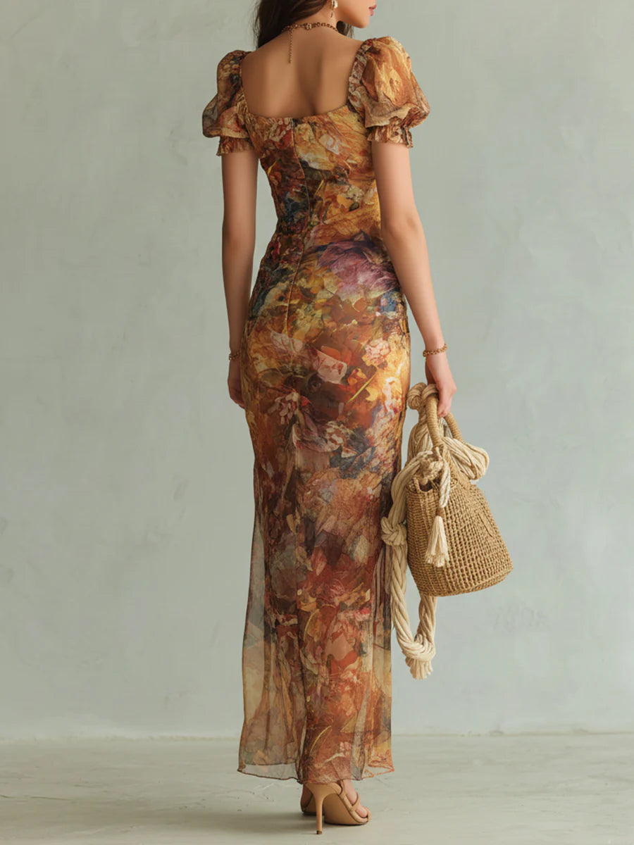 Violette | Vestido maxi de muselina naranja con estampado de pintura al óleo, estilo bohemio