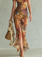 Violette | Vestido maxi de muselina naranja con estampado de pintura al óleo, estilo bohemio