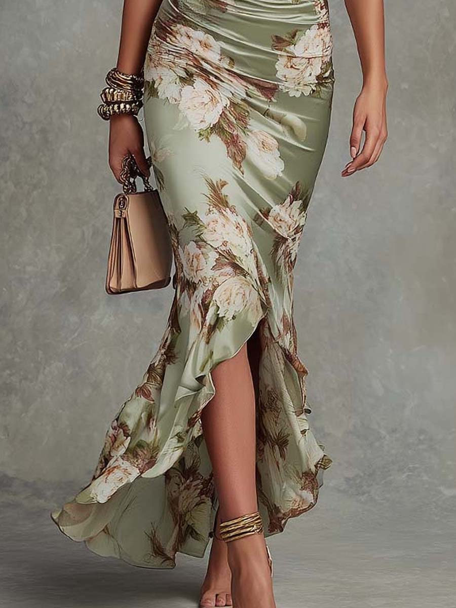 Anne | Vestido largo asimétrico de satén verde con cuello en V, mangas abullonadas y estampado floral