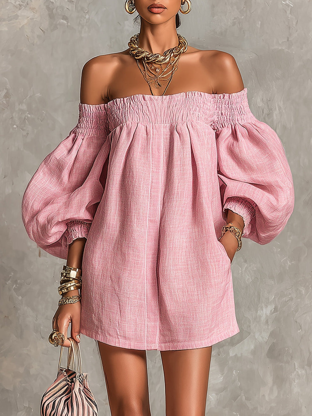 Violeta | Vestido mini trapecio rosa con mangas acampanadas y hombros al aire