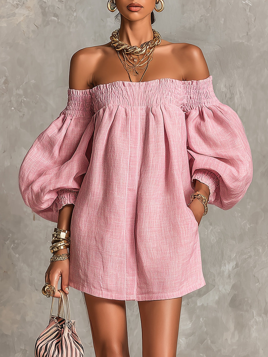 Violeta | Vestido mini trapecio rosa con mangas acampanadas y hombros al aire