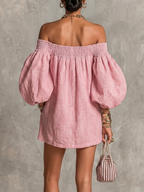 Violeta | Vestido mini trapecio rosa con mangas acampanadas y hombros al aire
