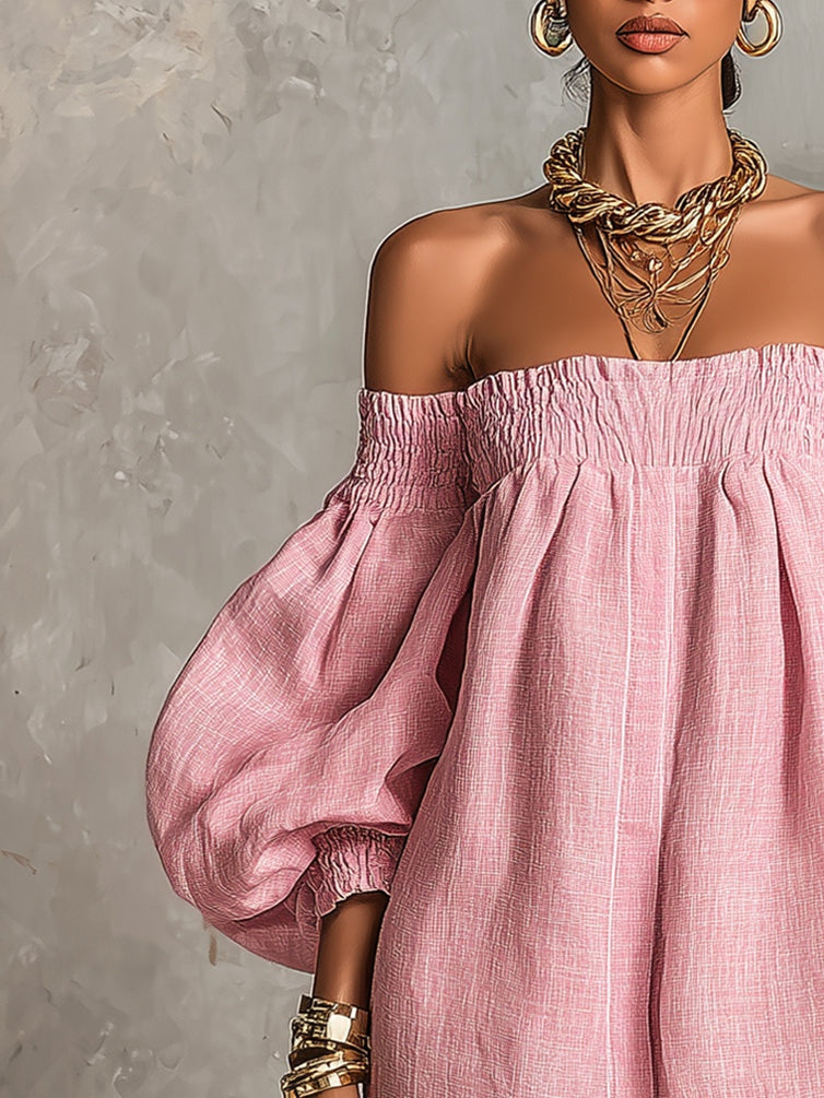 Violeta | Vestido mini trapecio rosa con mangas acampanadas y hombros al aire