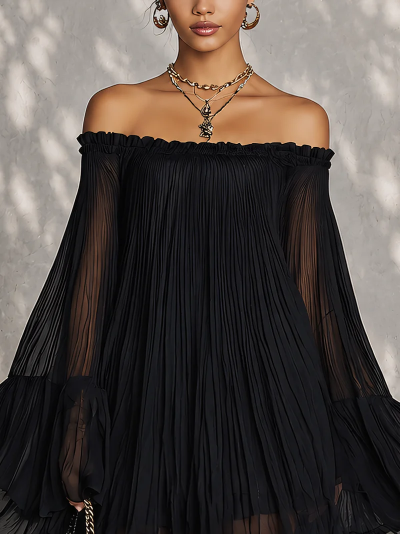 Océano | Vestido mini negro con mangas acampanadas y hombros al descubierto fruncidos
