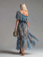Sauvage | Vestido largo de muselina con estampado de leopardo y hombros descubiertos