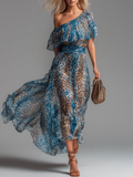 Sauvage | Vestido largo de muselina con estampado de leopardo y hombros descubiertos