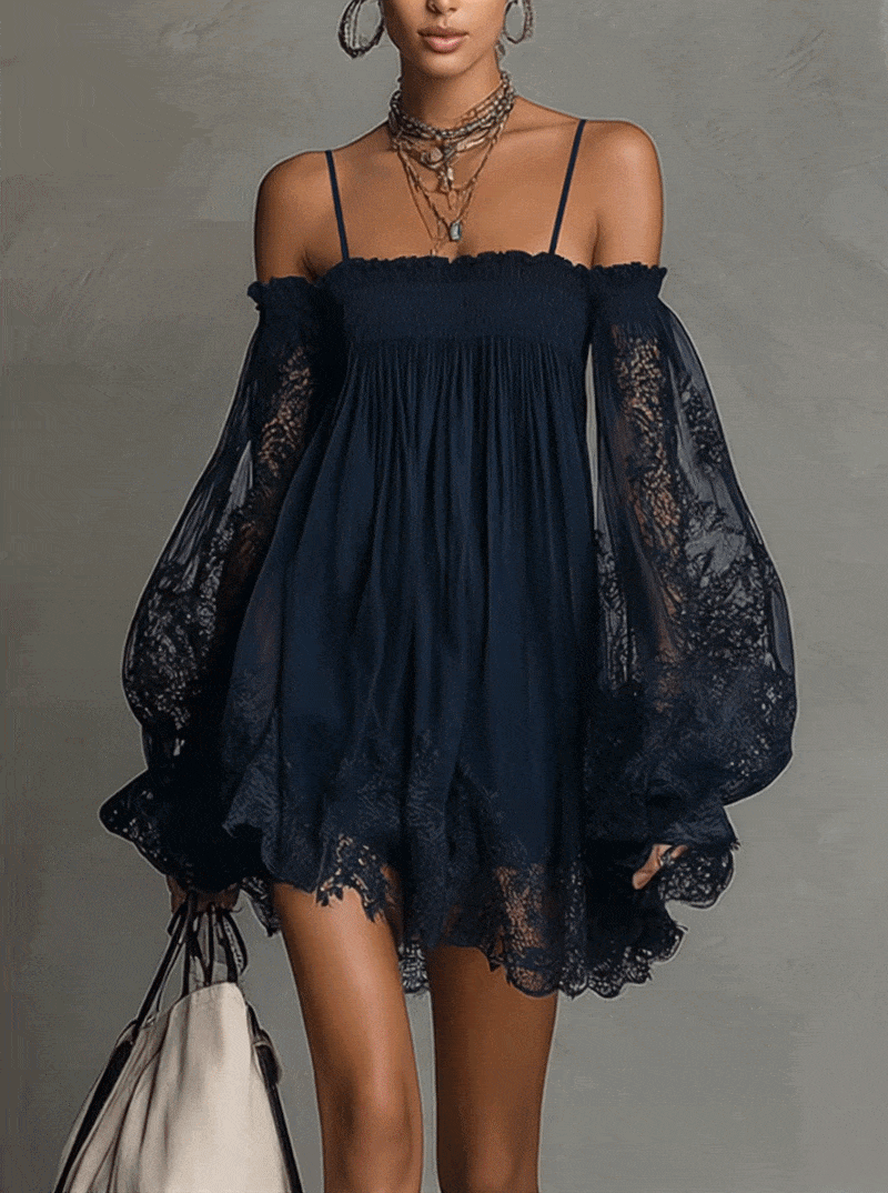 Noémie | Vestido corto de mousseline azul marino con hombros al descubierto y acabados de encaje