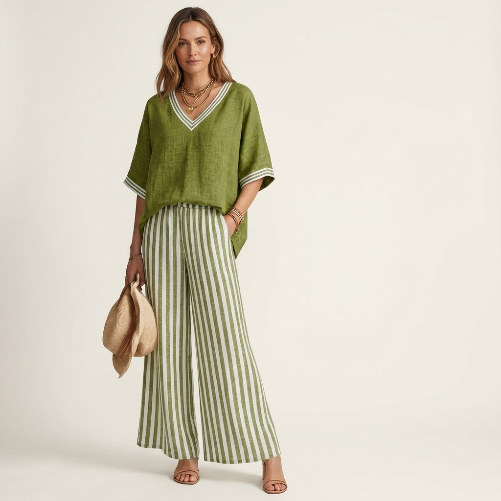Julia | Conjunto de top con cuello en V estilo «varsity» y pantalones a rayas