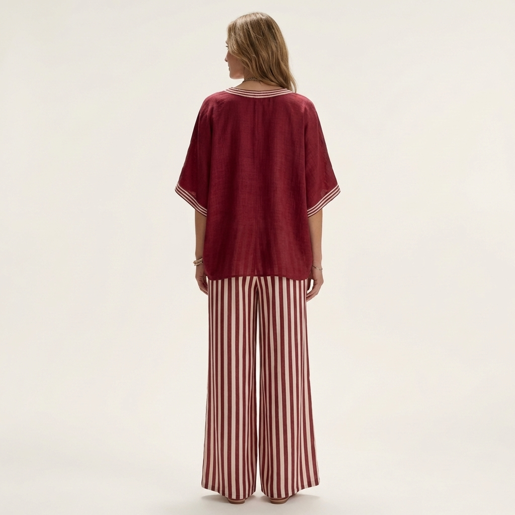 Julia | Conjunto de top con cuello en V estilo «varsity» y pantalones a rayas