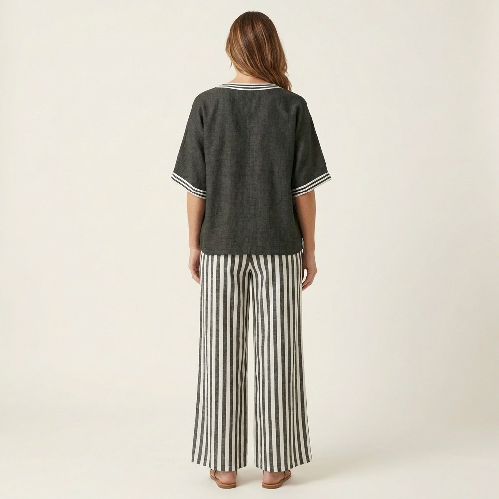 Julia | Conjunto de top con cuello en V estilo «varsity» y pantalones a rayas
