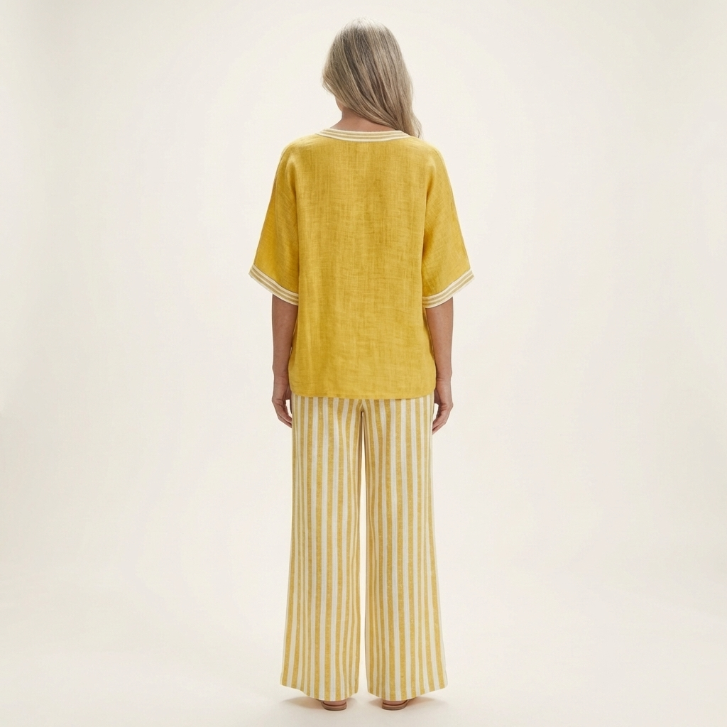 Julia | Conjunto de top con cuello en V estilo «varsity» y pantalones a rayas