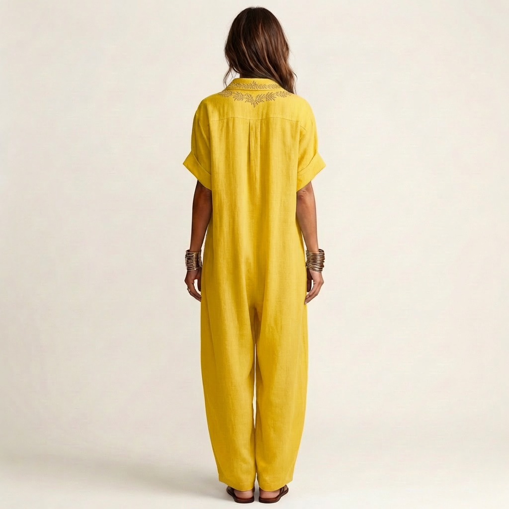 Marga | Vestido largo de lino bordado, con cuello en V