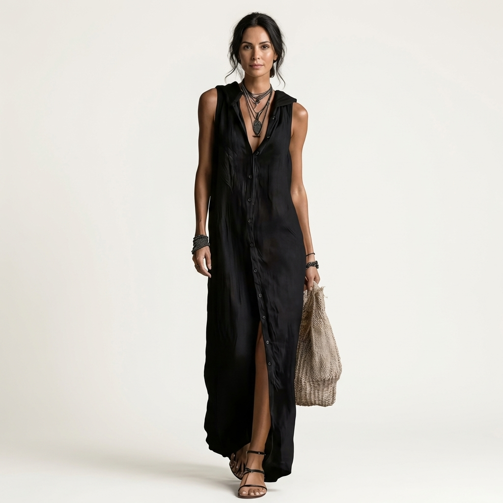 Marina | Vestido largo de lino sin mangas, con capucha y botones