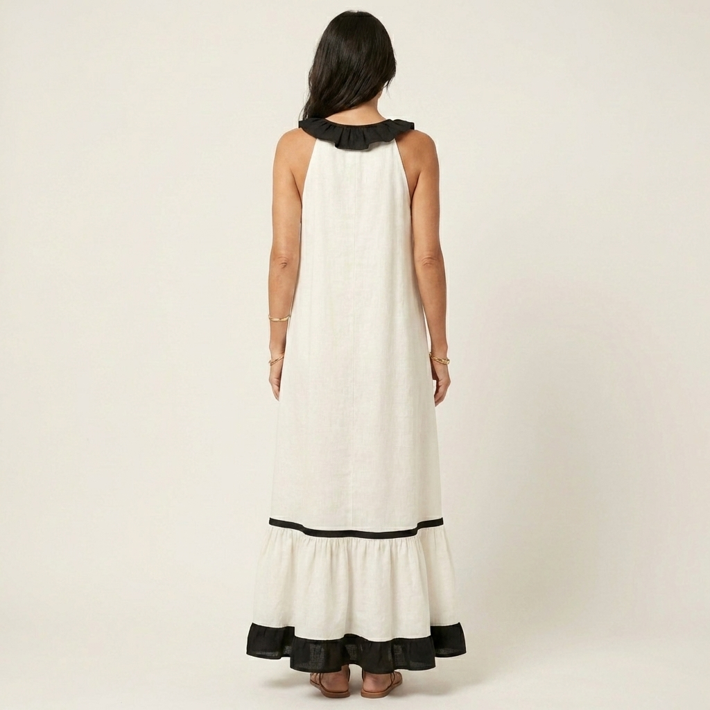 Mila | Vestido largo sin mangas, cuello con volantes y ribete en contraste