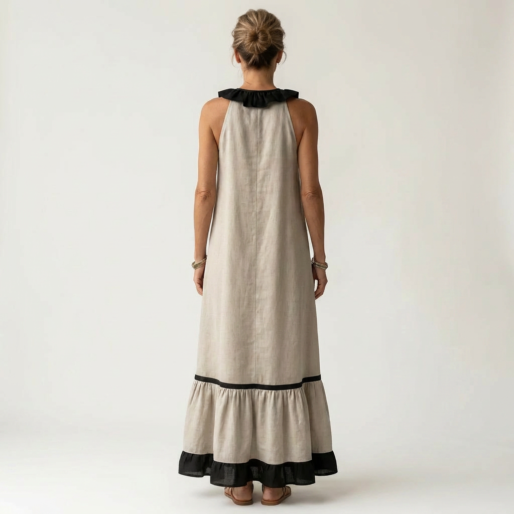 Mila | Vestido largo sin mangas, cuello con volantes y ribete en contraste