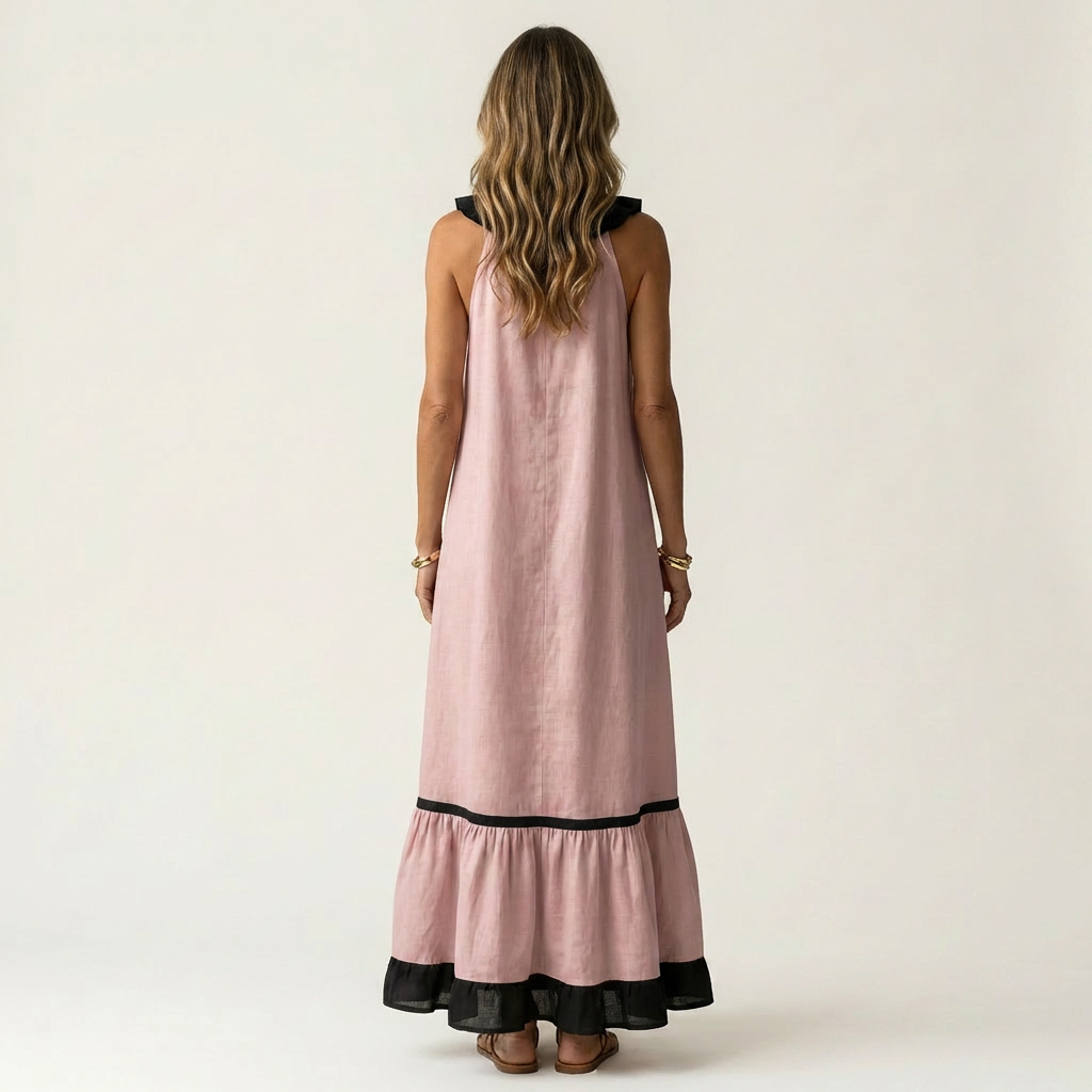 Mila | Vestido largo sin mangas, cuello con volantes y ribete en contraste