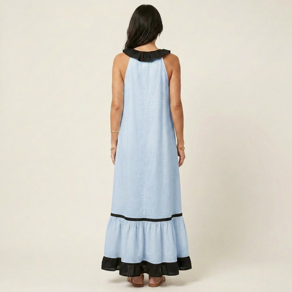 Mila | Vestido largo sin mangas, cuello con volantes y ribete en contraste