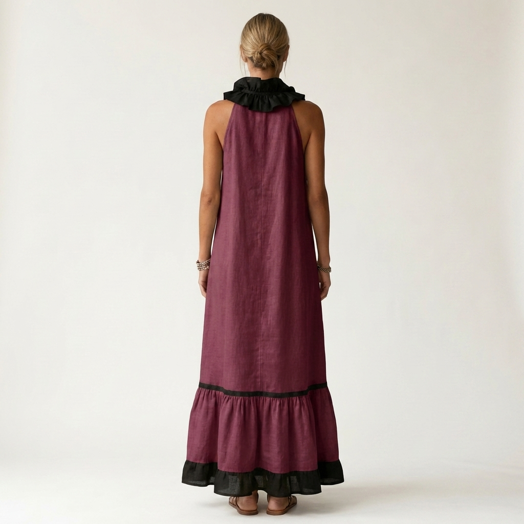 Mila | Vestido largo sin mangas, cuello con volantes y ribete en contraste