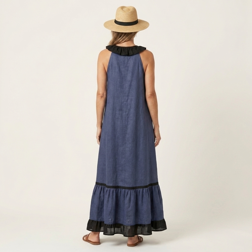 Mila | Vestido largo sin mangas, cuello con volantes y ribete en contraste