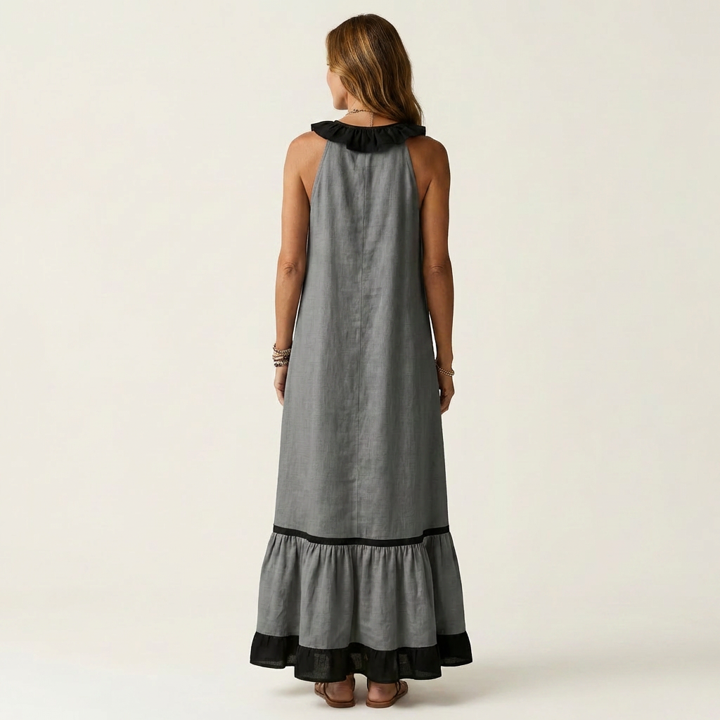 Mila | Vestido largo sin mangas, cuello con volantes y ribete en contraste