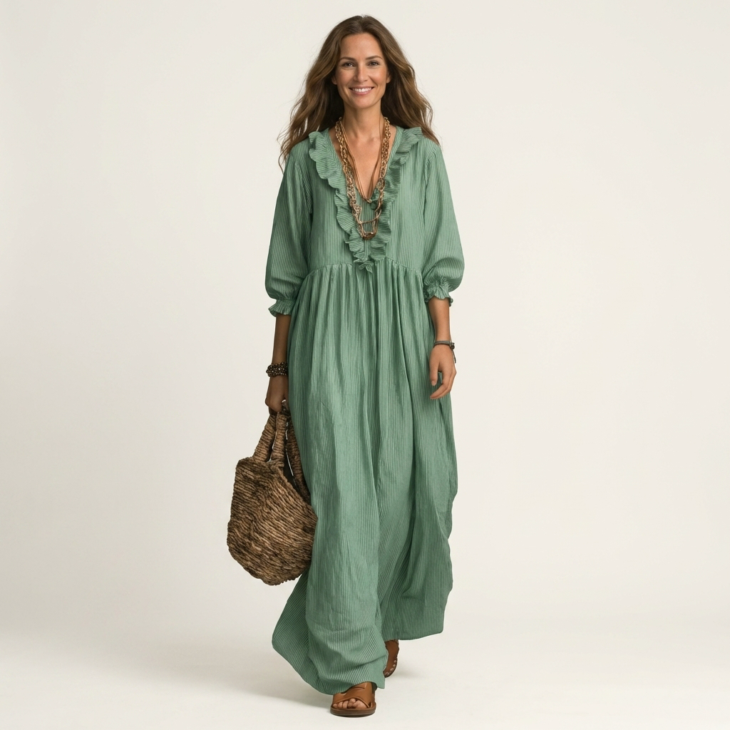 Jordina | Vestido largo a rayas con volantes y mangas acampanadas