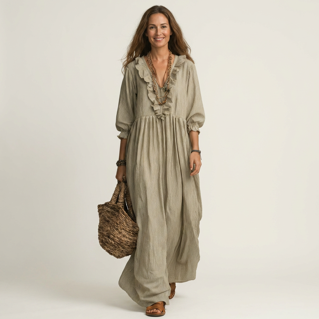 Jordina | Vestido largo a rayas con volantes y mangas acampanadas