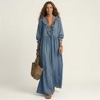 Jordina | Vestido largo a rayas con volantes y mangas acampanadas