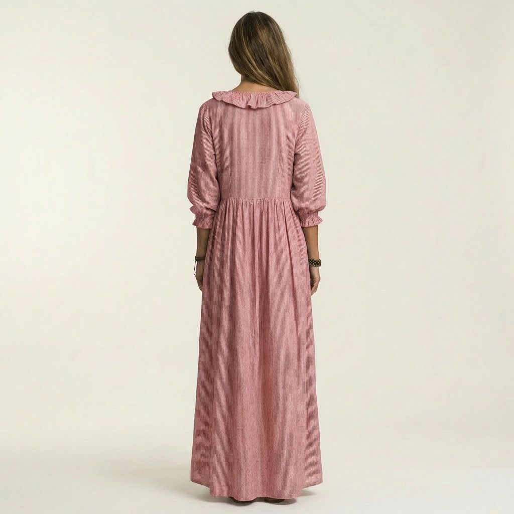 Jordina | Vestido largo a rayas con volantes y mangas acampanadas