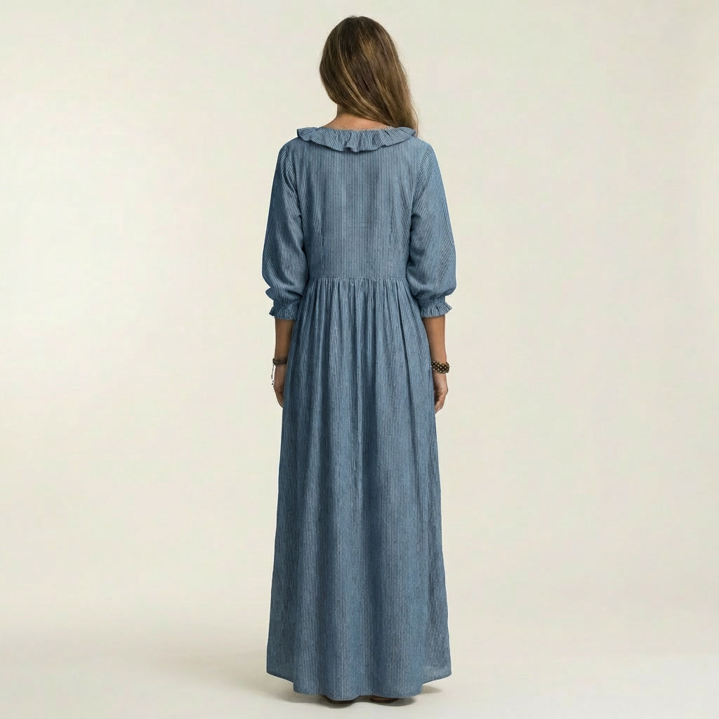 Jordina | Vestido largo a rayas con volantes y mangas acampanadas