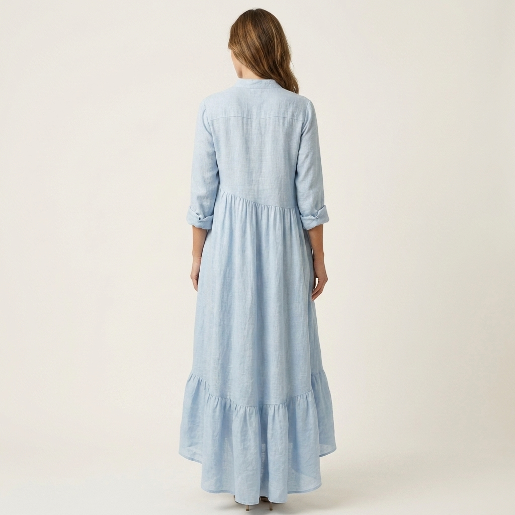 Gisela | Vestido largo con cuello de oficial, abotonado y bajo con volantes