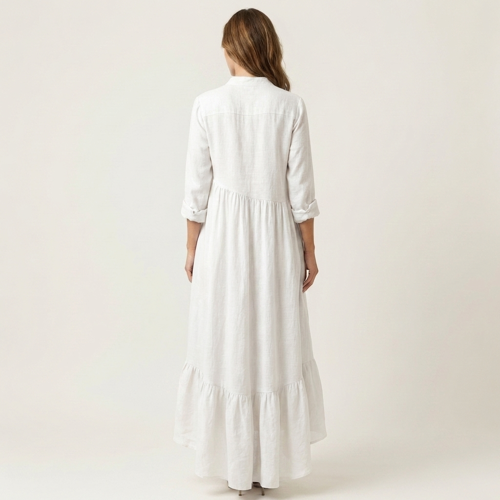 Gisela | Vestido largo con cuello de oficial, abotonado y bajo con volantes