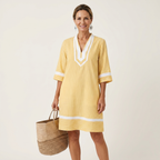 Carlota | Vestido recto a rayas de algodón, con cuello en V y ribete en contraste