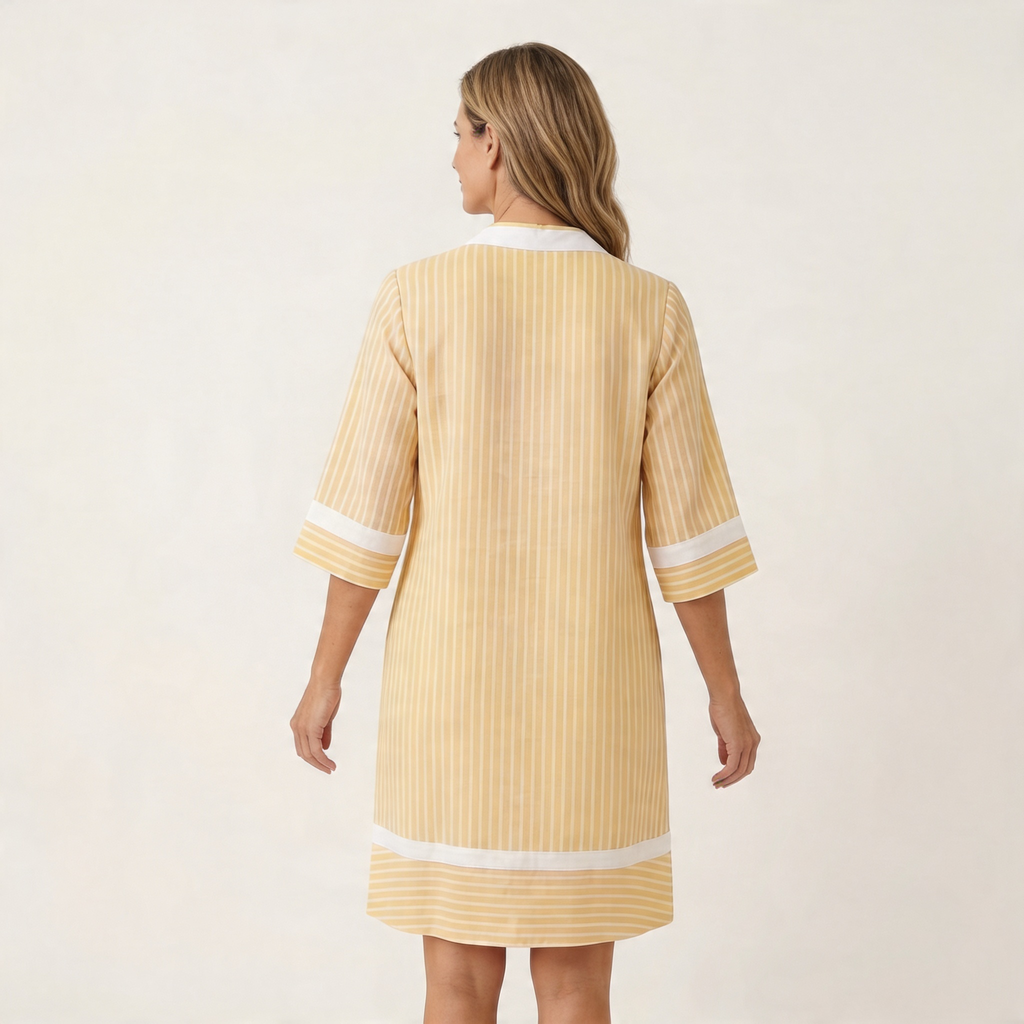 Carlota | Vestido recto a rayas de algodón, con cuello en V y ribete en contraste