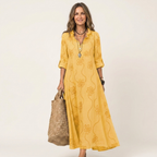 Marian | Vestido largo de algodón y lino, con bordado floral tono sobre tono